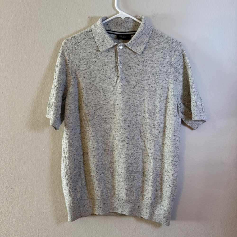 Ted Baker London Mens Grey Speckled Wool Blend Cable Knit Polo‎ Shirt Size 3 M